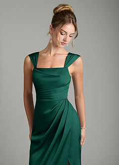 Azazie Filippa Bridesmaid Dresses Emerald A-Line Pleated Stretch Satin Dress image3