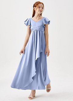 Azazie Omari Junior Ice A-Line Pleated Stretch Satin Dress image1