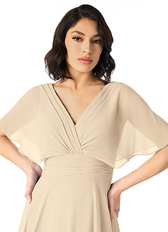 Azazie Pamela Bridesmaid Dresses Champagne A-Line V-Neck Pleated Chiffon Dress image4