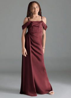 Azazie Amyra Junior Merlot Sheath Off the Shoulder Stretch Satin Dress image3