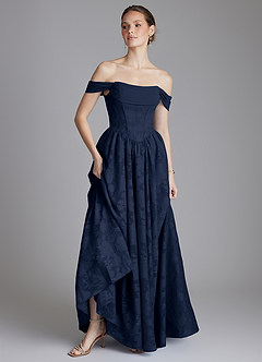 Azazie Raisa Bridesmaid Dresses Dark Navy A-Line Off the Shoulder Floral Burnout Dress image6