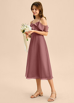 Azazie Kamilla Junior Abito A-Line in Chiffon a Spalla Scoperta Rosa Del Deserto image3