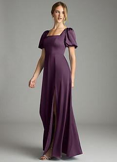 Azazie Fyona Bridesmaid Dresses Plum A-Line Pleated Stretch Satin Dress image4