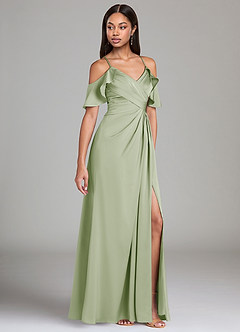 Azazie Dakota Robes de demoiselle d'honneur Robe Trapèze en Satin extensible Épaule décolletée Vert Sauge image1