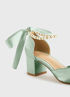 front Matching Color Matte Satin Pearl and Bow Pointed Toe Block Heels
