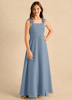 Azazie Masie Girls Formal Jurken voor bloemenmeisjes A-Lijn Jurk van Chiffon Geplooide Stoffig Blauw image4