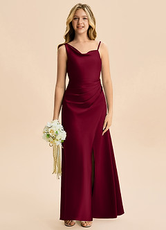 Azazie Abby Junior Burgundy Sheath Pleated Stretch Satin Dress image4