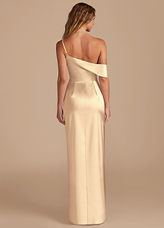 Azazie Lia Bridesmaid Dresses Gold Sheath Off the Shoulder Metallic Satin Dress image4