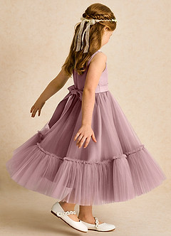Azazie Miracle Robe Demoiselle D'honneur Fillette Robe Trapèze en Mat Satiné Arc Rose Poussiéreuse image5
