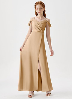 Azazie Ocean Junior Gold A-Line Off the Shoulder Stretch Satin Dress image6