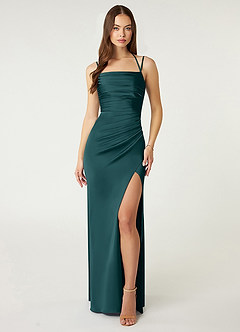 Azazie Desi Bridesmaid Dresses Pine Sheath Halter Corset Stretch Satin Dress image1