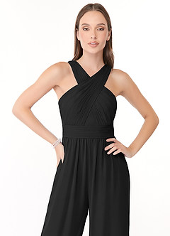 Azazie Berdie Bridesmaid Dresses Black Halter Chiffon Jumpsuit image5