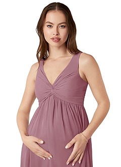 Azazie Yetta Maternity Bridesmaid Dresses A-Line V-Neck Gathered Chiffon Floor-Length Dress image6