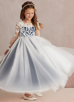 Azazie Elodie Flower Girl Dresses Ivory Dark Navy Ball-Gown Lace Dress image2
