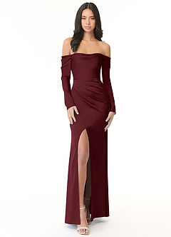 Azazie Hallie Bridesmaid Dresses Cabernet Sheath Off-The-Shoulder Long Sleeve Stretch Satin Convertible Dress image3