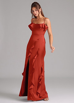 Azazie Malia Bridesmaid Dresses Rust A-Line Side Slit Stretch Satin Dress image4