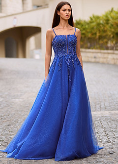Veila Royal Blue Applique Tulle Prom Dress image1