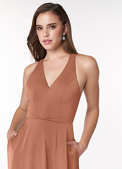 Azazie Ceria Final Sale Bronzer A-Line V-Neck Stretch Satin Dress image6