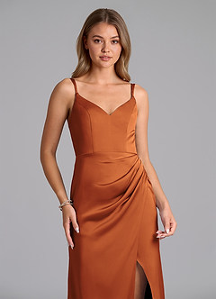 Azazie Leo Bridesmaid Dresses Cinnamon Sheath Pleated Stretch Satin Dress image3