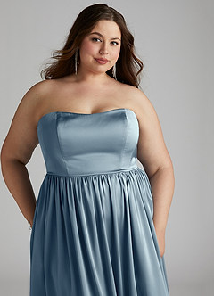 Azazie Morana Jurken voor bruidsmeisjes Converteerbaar Jurk van Stretch Satijn met A-Lijn Off the Shoulder Stoffig Blauw image19