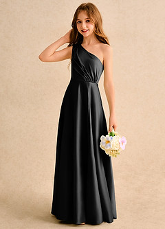 Azazie Puddles Junior Formal 플라워 걸 드레스 A라인 한쪽 어깨 매트 새틴 플로어 길이 드레스 image6