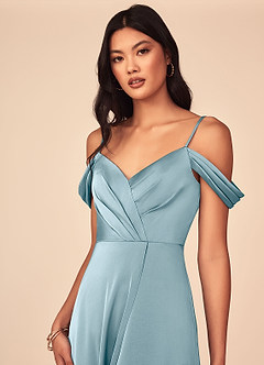 Azazie Ocean Bridesmaid Dresses Moody Blue A-Line V-Neck Pleated Stretch Satin Dress image4
