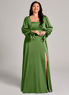 Azazie Leonia Bridesmaid Dresses Basil A-Line Long Sleeve Stretch Satin Dress image12