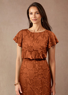 Azazie Lehi vestidos de madre de la novia Vestido de Naranja Quemada de Devorado Floral de Corte en A con Cuello de barco image5