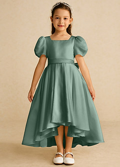 Azazie Zippy Flower Girl Dresses Eucalyptus A-Line with Sleeves Matte Satin Dress image3