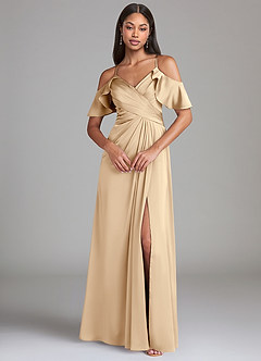 Azazie Dakota Bridesmaid Dresses Champagne A-Line Off the Shoulder Stretch Satin Dress image3