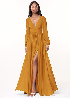 Azazie Norah Bridesmaid Dresses Butterscotch A-Line V-Neck Long Sleeve Chiffon Dress image1