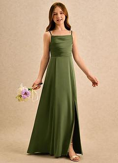 Azazie Chamomile Girls Formal Flower Girl Dresses Olive A-Line Pleated Stretch Satin Dress image2