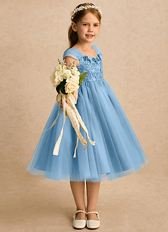 Azazie Lottie Robe Demoiselle D'honneur Fillette Robe Trapèze en Tulle Dentelle Acier Bleuté image4