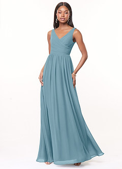 Azazie Keyla Bridesmaid Dresses Moody Blue A-Line V-Neck Pleated Chiffon Dress image1