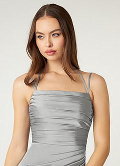 Azazie Desi Bridesmaid Dresses Silver Sheath Halter Corset Stretch Satin Dress image6