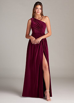 Azazie Brooke Bridesmaid Dresses Cabernet A-Line One Shoulder Velvet Dress image4