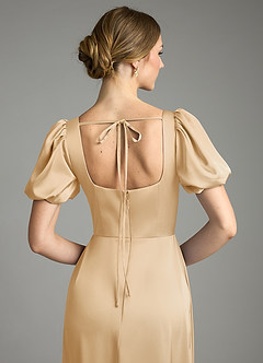 Azazie Fyona Bridesmaid Dresses Gold A-Line Pleated Stretch Satin Dress image2
