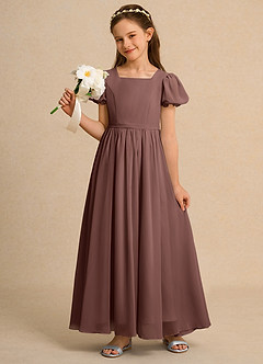 Azazie Lilia Girls Formal Flower Girl Dresses Espresso A-Line with Sleeves Chiffon Dress image1
