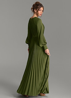 Azazie Grayson Vestidos de damas de honor Vestido Oliva Brillante de Satén Elástico de Línea A con Manga larga image5
