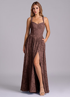 Azazie Francis Bridesmaid Dresses Espresso A-Line Corset Floral Burnout Dress image1