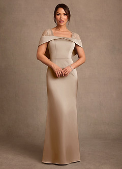 Azazie Henrieta Mother of the Bride Dresses Taupe Sheath Lace Stretch Satin Dress image1