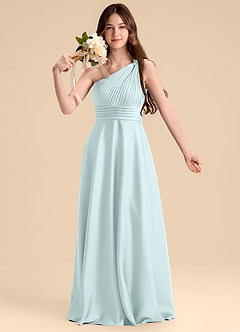 Azazie Charlize Junior Sea Glass A-Line Pleated Stretch Satin Dress image6