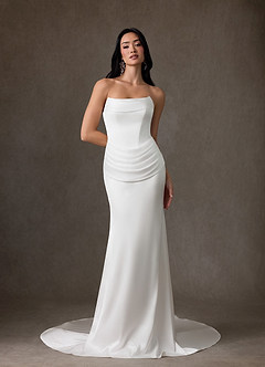 Azazie Miranda Wedding Dresses Diamond White Sheath Strapless Stretch Satin Dress image1