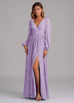 Azazie Norah Vestidos de damas de honor Vestido de Lila de Devorado Floral de Corte en A con Manga larga image5