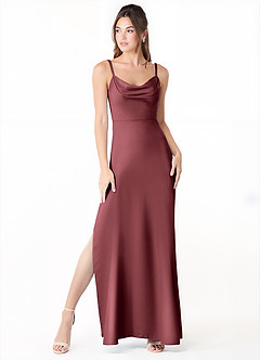 Azazie Alaija Vestidos de damas de honor Vestido de Merlot de Satén Elástico de Corte Sirena con Corte Lateral image2