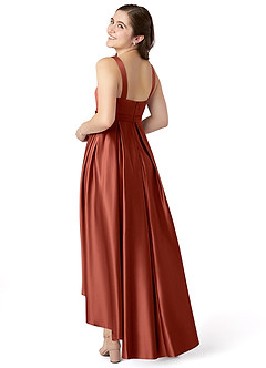 Azazie Inaya Junior Robe Trapèze en Satin extensible avec ceinture Terracotta image4