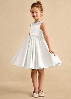 Azazie Chickpea Flower Girl Dresses Ivory A-Line Bow Matte Satin Dress image5