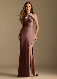 Azazie Tracie Bridesmaid Dresses Espresso A-Line Pleated Metallic Satin Dress image1