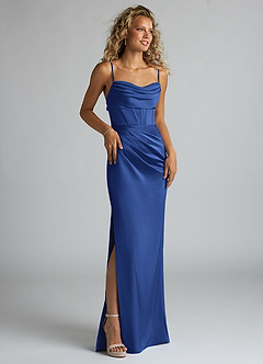 Azazie Mai Bridesmaid Dresses Royal Blue Sheath Pleated Stretch Satin Dress image3