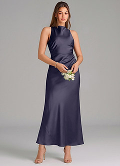 Azazie Evadne Vestidos de damas de honor Vestido de Tormenta de Satén Elástico de Corte Recto con Plisado image3